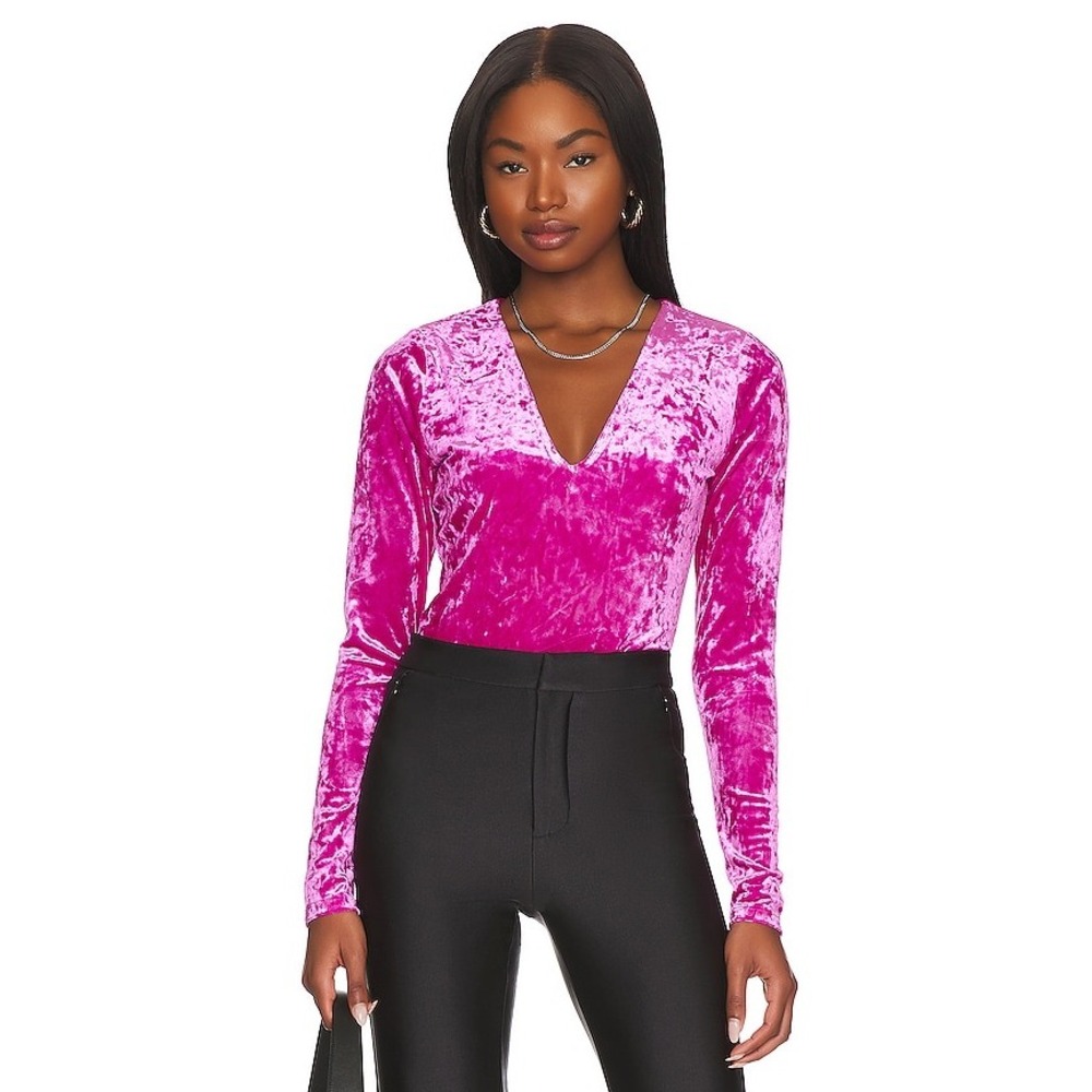 Good American Bodysuit Womens 2 Medium Fuchsia Pink Crushed Velvet V-Neck nwt